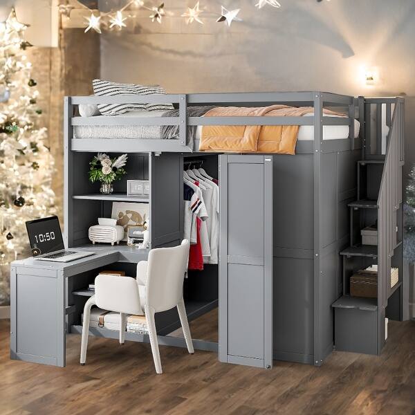 slide 2 of 16, Versatile Full Size Bunk Bed with Wardrobe,Desk and Shelves Grey