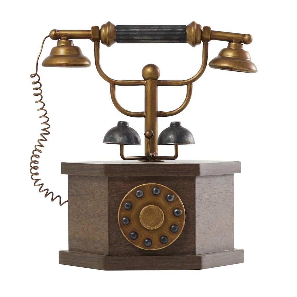 Wooden Antique Style Telephone with Brown Wooden Base - Copper - Roche River Decor