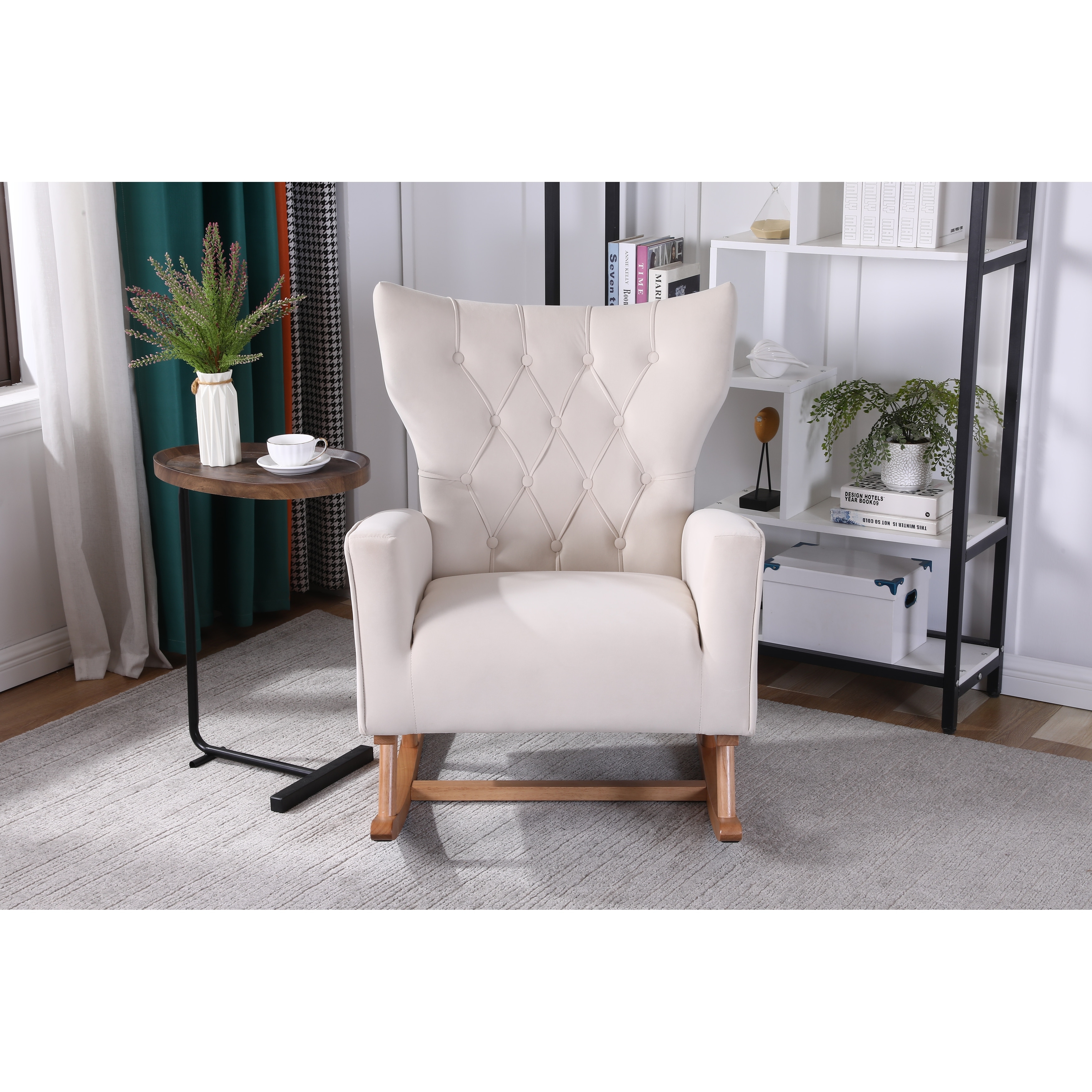 Velvet Tufted Rocking Chair High Back Accent Chair with Padded Armchair Lounge Upholstered Armchair Single Sofa Beige