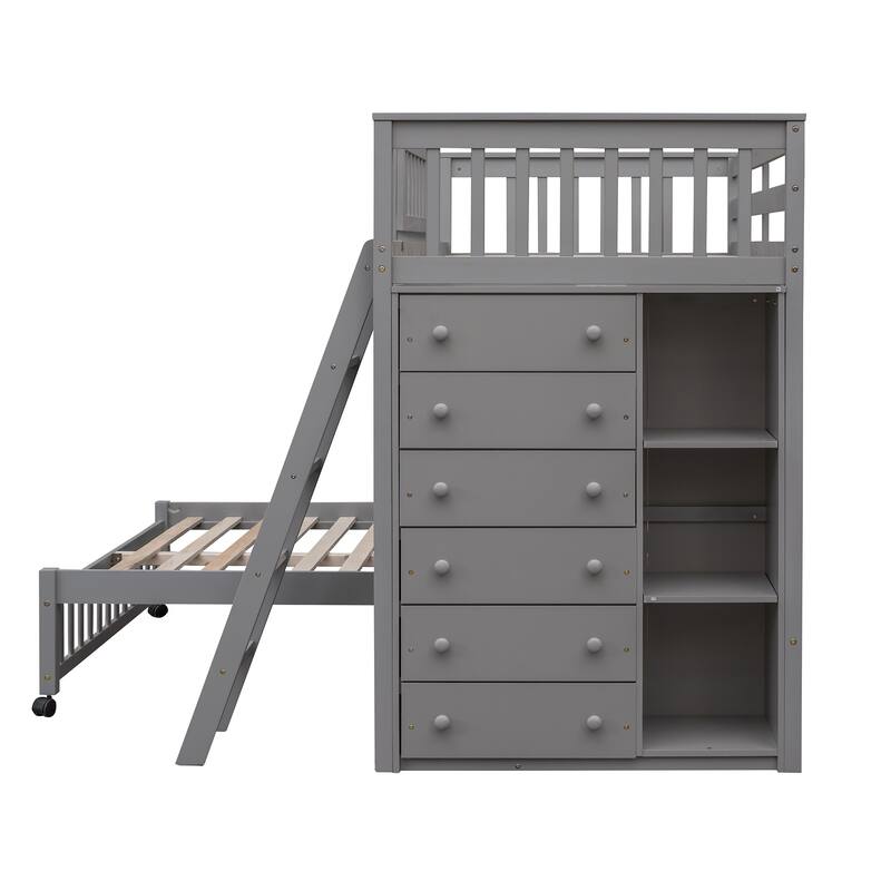 Twin Over Full Wood Bunk Bed with Six Drawers and Shelves