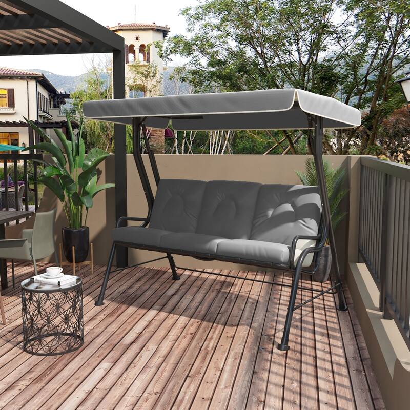 Outsunny Outdoor Patio Porch Swing Bench with Included Adjustable Shade Awning & Comfort Padded Seating for Three People