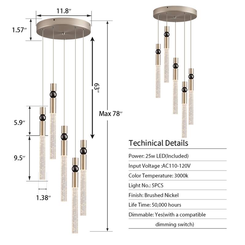 5-Light LED Crystal Pendant Light Fixture for Kitchen Island