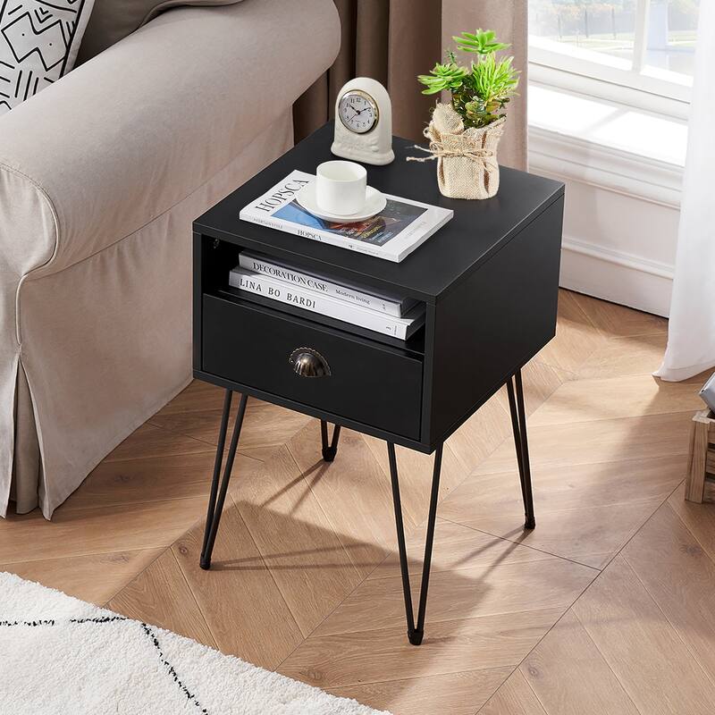 VECELO Mid Century Modern Nightstand with Drawer Open Shelf V-Shaped Metal Legs End Table for Bedroom Living Room