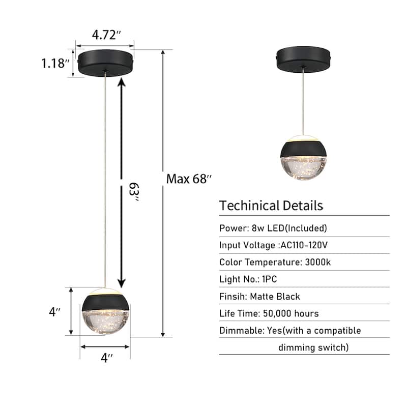 1-Light/3-Lights Globe LED Pendant Light with Bubble Crystal Ball