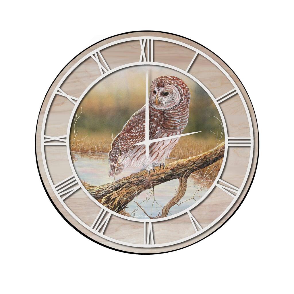 Wall Clock with Natural Woodgrain Accent - Early Hunter Owl - White Numbers - 24" x 24"
