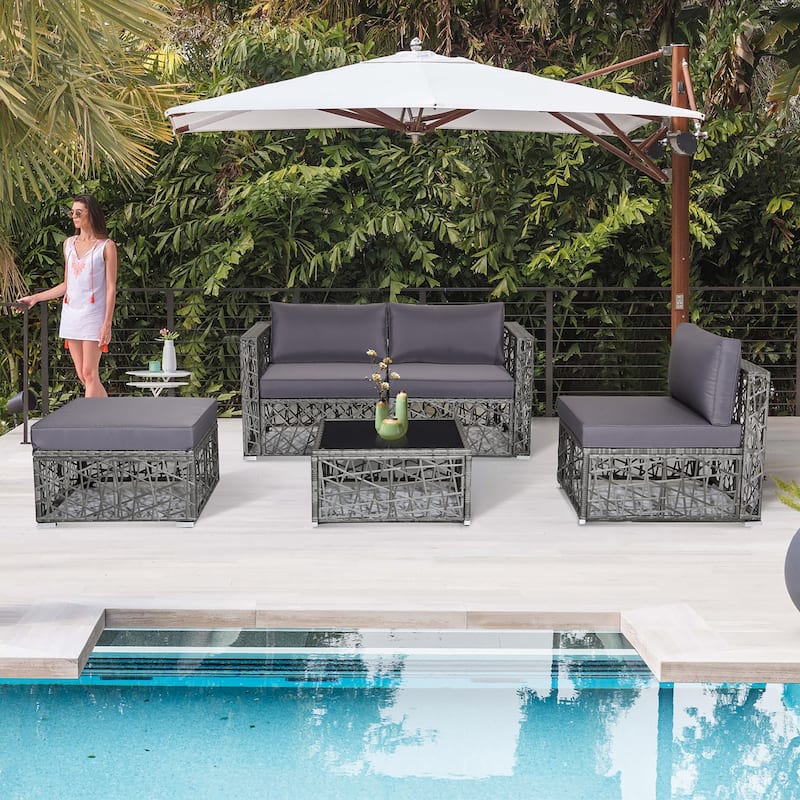 Costway 5 Pieces Patio PE Rattan Wicker Sofa Furniture Set Cushioned - See Details - Grey - See Details