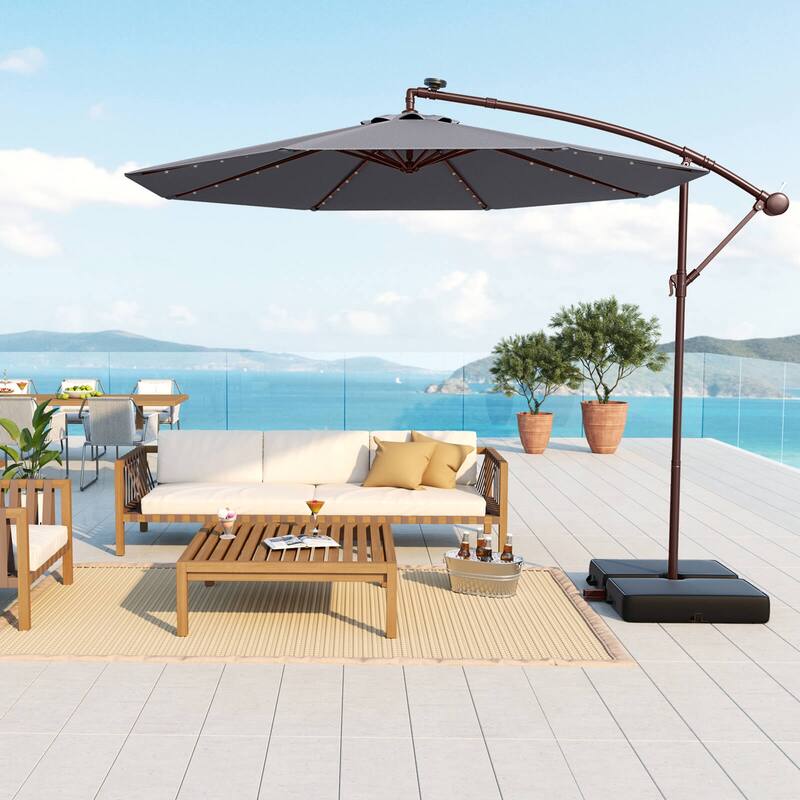 Costway Patio 10FT Hanging Offset Umbrella 32 LED Lights Sand Bag