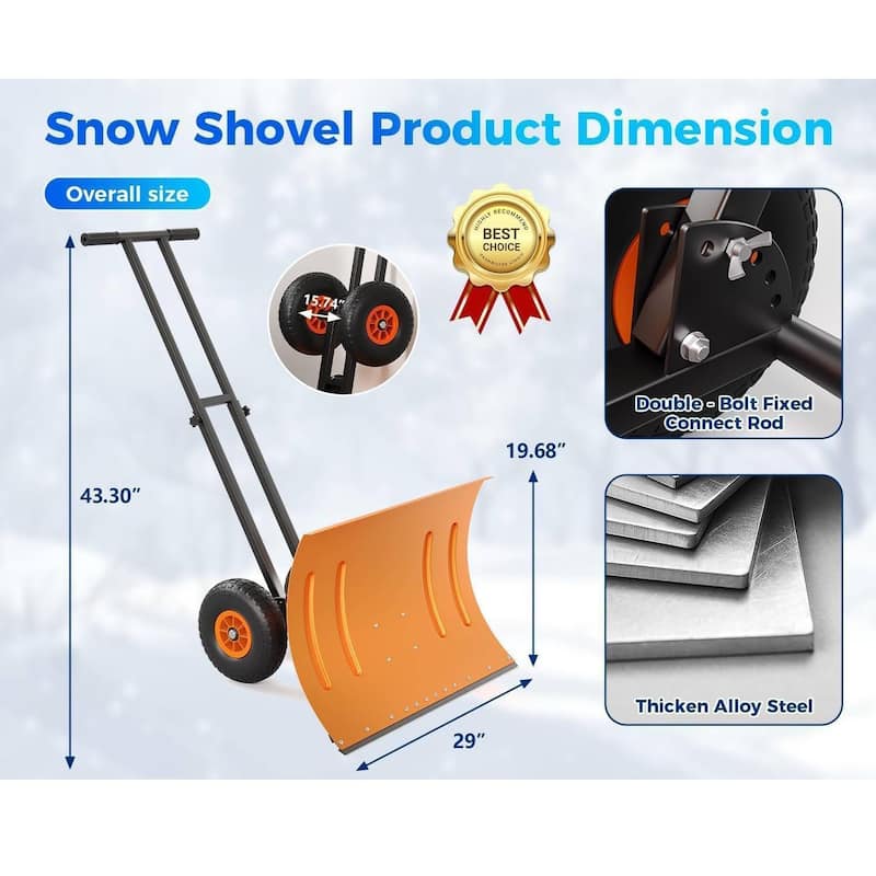 Heavy Duty 30-Inch Wheeled Snow Shovel with Adjustable Ergonomic Handle