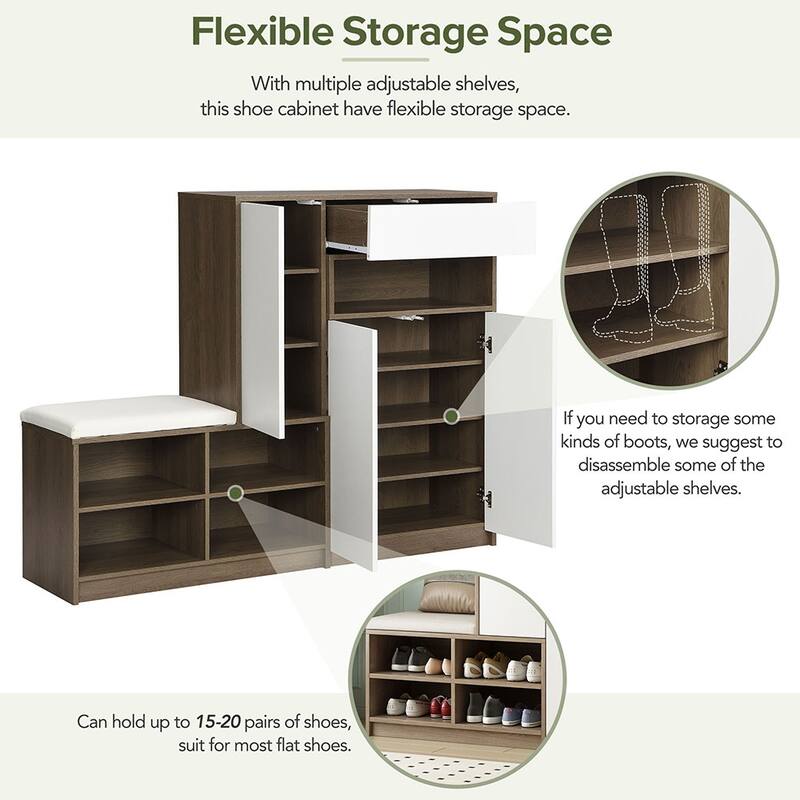 2-in-1 Shoe Storage Cabinet w/Padded Bench and Adjustable Shelves