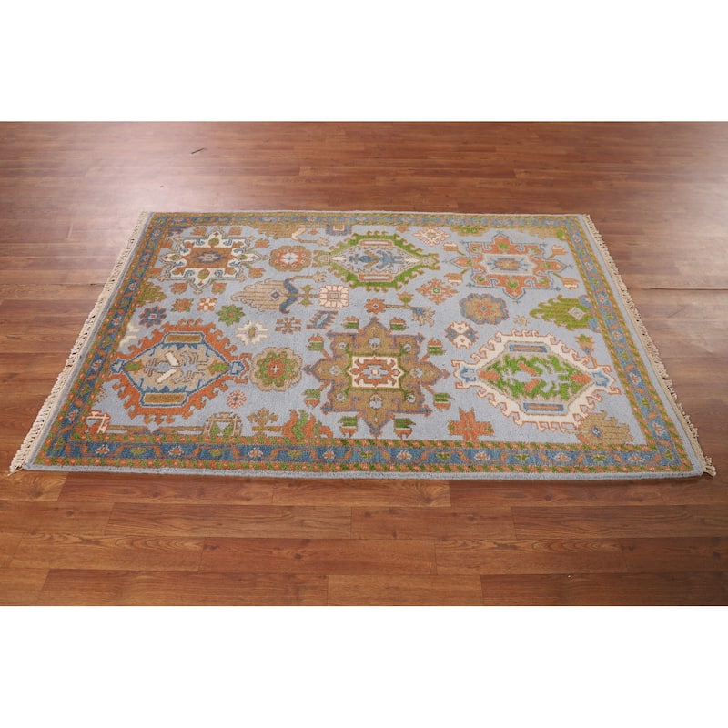 Light Blue Geometric Oushak Oriental Accent Rug Handmade Wool Carpet - 3'11" x 5'11"