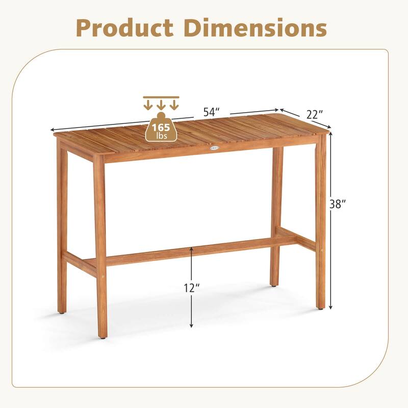 Outdoor Bar Table 54" x 22" Acacia Wood Counter Height Table