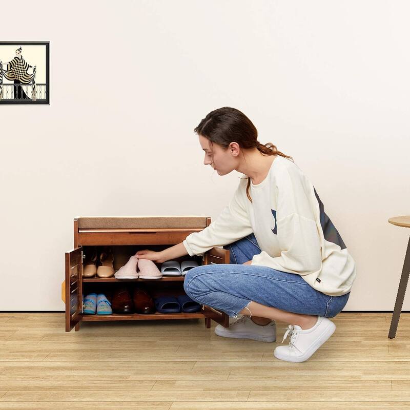Shoe Storage Bench, Bamboo Shoe Rack with Door Storage Space and Soft Cushion