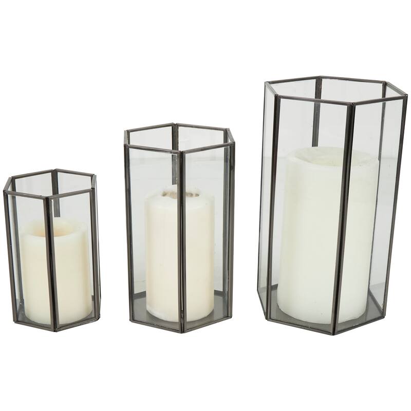 CosmoLiving by Cosmopolitan Clear Metal Hexagon Shaped Geometric Indoor Outdoor Candle Lantern with Clear Glass (Set of 3)
