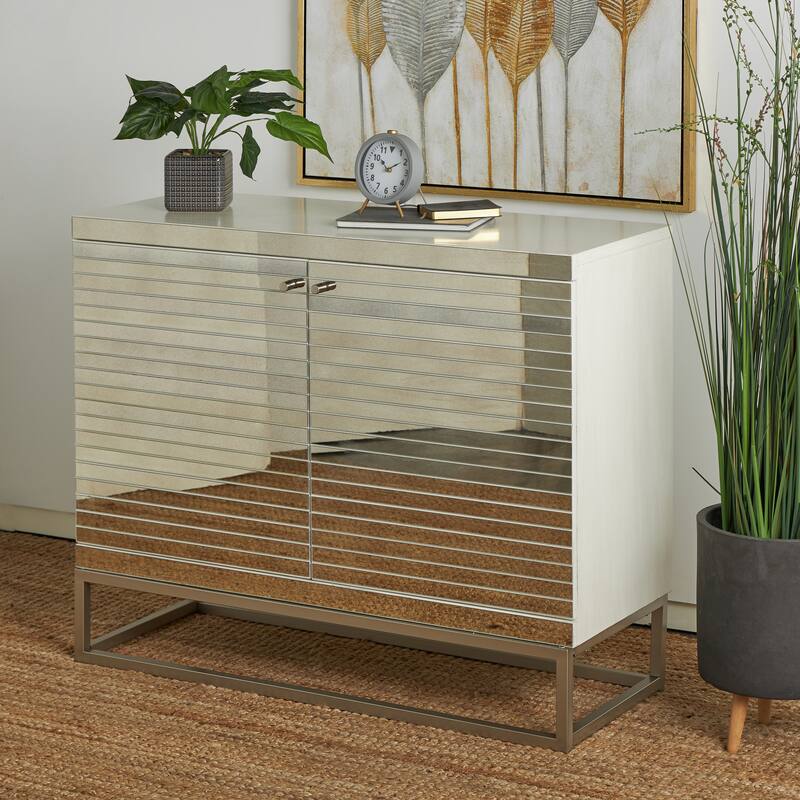 Glass 2 Door Cabinet with Linear Striped Panels and Gray Iron Base - Silver - Roche River Decor - 18"W x 47"L x 38"H