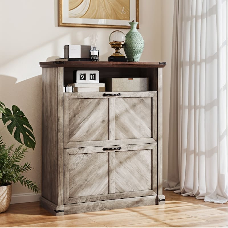Moasis Farmhouse 16 Pairs Shoe Storage Cabinet with 2 Drawers Adjustable Shelves - Brown Top/Grey