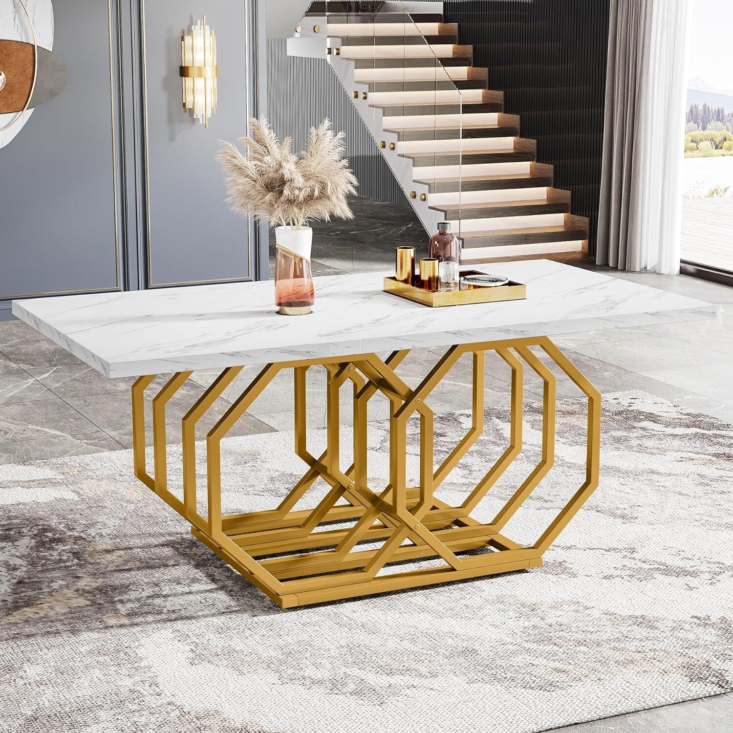 Modern Faux Marble Dining Table with Geometric Base Kitchen Tables