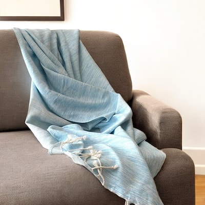 HomeRoots 59" X 71" Turquoise Cotton Plain Weave Throw Blanket with Tassels