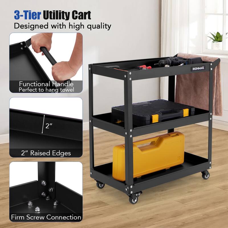 Gymax 3-Tier Rolling Tool Cart w/ 3 Spacious Shelves 4 Universal