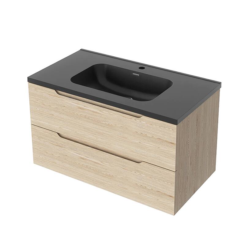 Floating Bathroom Vanity in Evita Oak with Integrated Quartz Sand Top