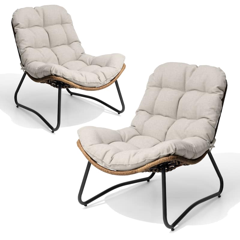 2-Piece Papasan PE Rattan Chair with Cushion For Indoor Outdoor