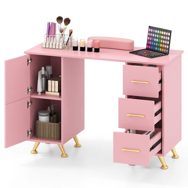 Gymax Manicure Table Nail Desk w/ Drawers Wrist Rest Metal Legs Nail - Pink