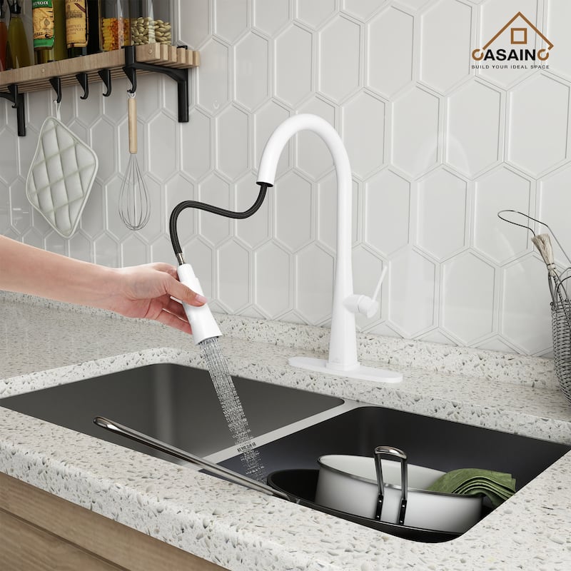 Single Handle Pull-Down Sprayer Kitchen Faucet - White