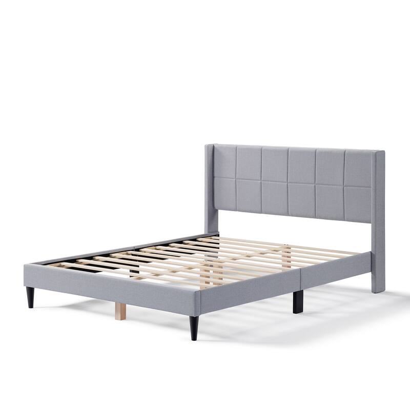 Queen Bed Frame with Wingback/Linen Upholstered Platform Bed with Square Stitched Headboard/Wood Slats Support/Solid Wood Legs