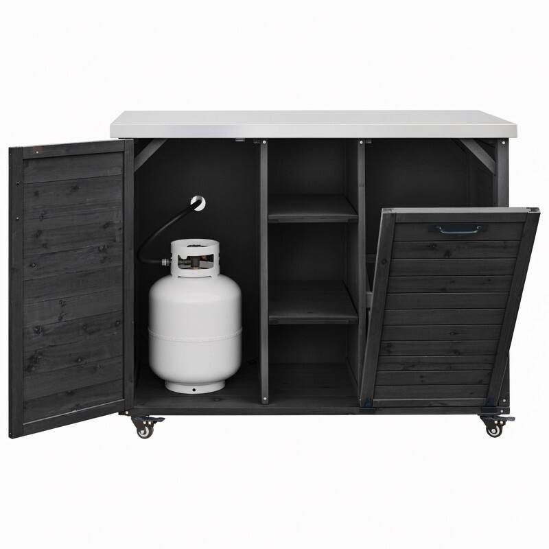 78.3" Outdoor Kitchen Island with Extendable Table, Trash Can Storage and Stainless Steel Top for BBQ Cooking