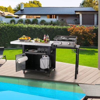 Feasto Grill Table, Outdoor Kitchen Island With 2 Foldable Side Tables, Stainless Steel Top For Outdoor Kitchen Cabinets