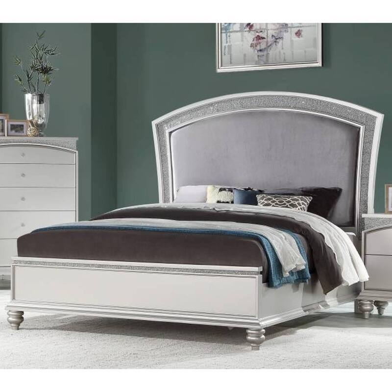 Upholstered Queen Bed with Sparkling Rhinestones Inlay in Platinum