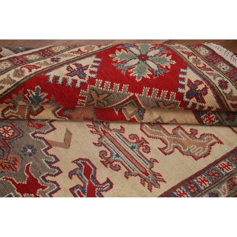 Geometric Kazak Area Rug Handmade Beige Wool Carpet - 4'10" x 6'6"