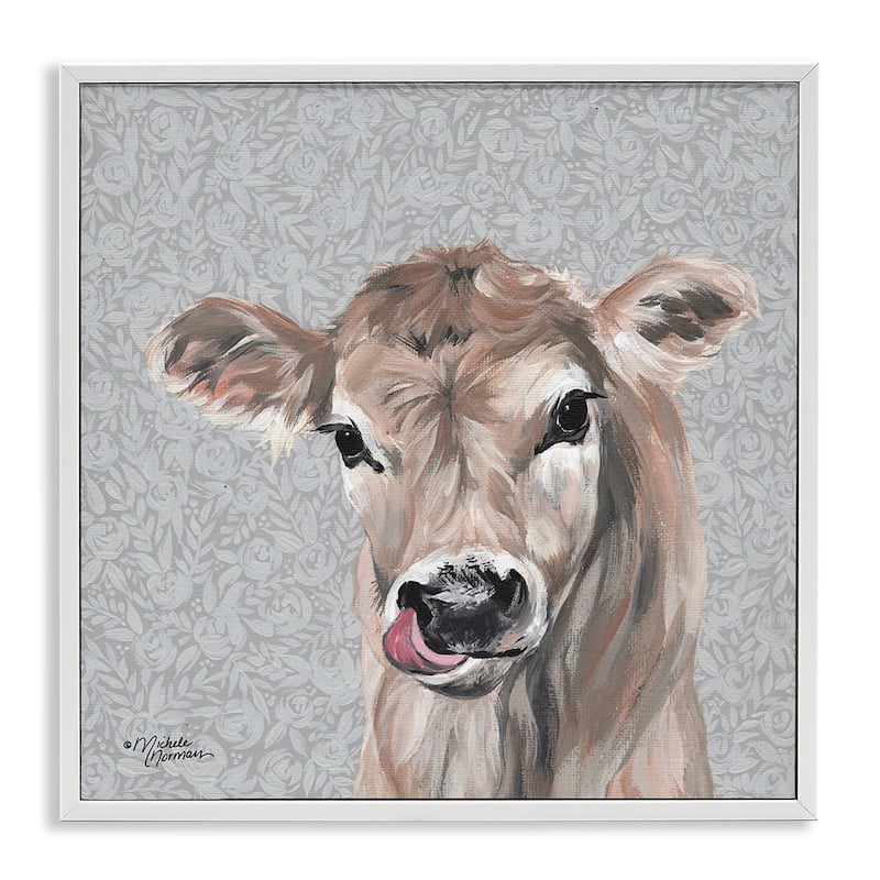 Stupell Young Calf Portrait Floral Pattern Farm Animal Framed Wall Art - 24 x 24 - White