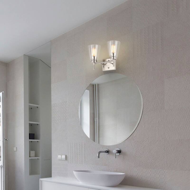 Brushed Nickel 2-Light Modern Vanity Light with Clear Cone Glass Shades - Brushed Nickel