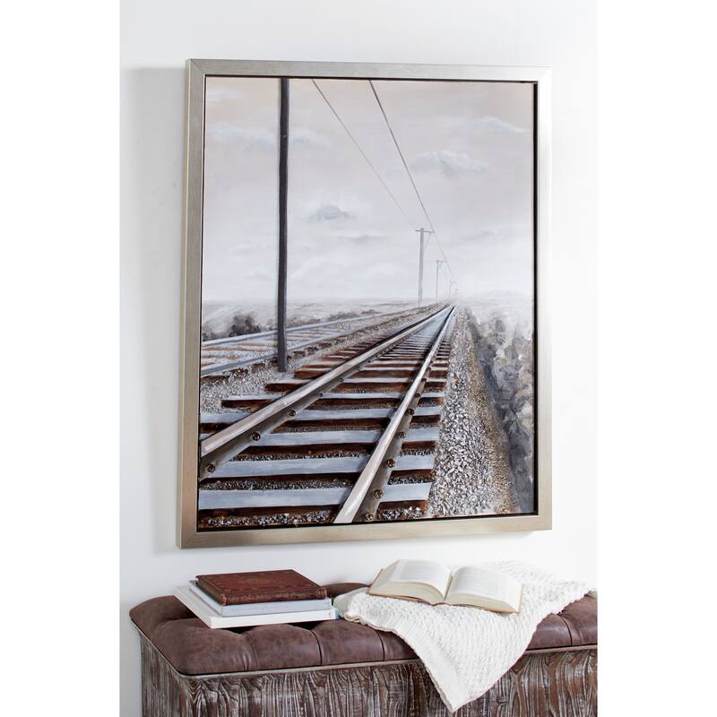 Canvas Landscape Railroad Framed Wall Art with Silver Frame - Gray - Roche River Decor