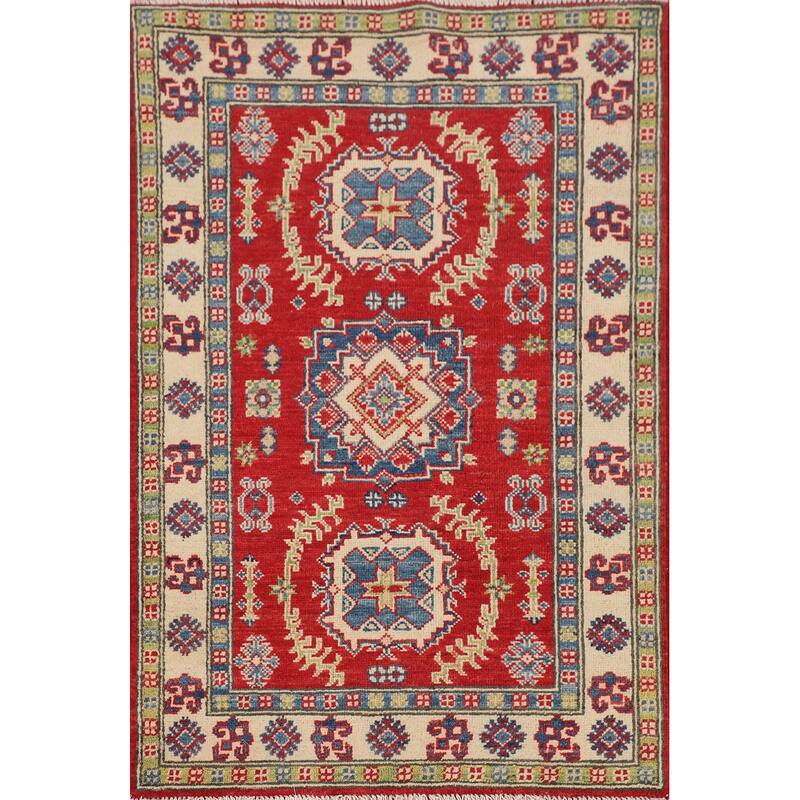 Geometric Red Kazak Foyer Rug Hand-Knotted Traditional Wool Carpet - 2'8" x 4'1"