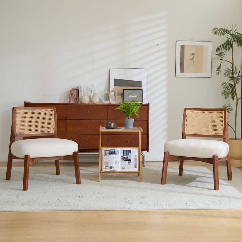 Modern Beige Lounge Chair with Woven Backrest, Sturdy Wooden Frame, Minimalist and Elegant Accent Seating - Beige,Walnut