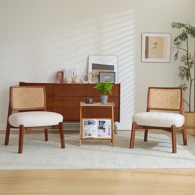 Woven Backrest Armless Accent Chair w/ Upholstered Seat, Set of 2