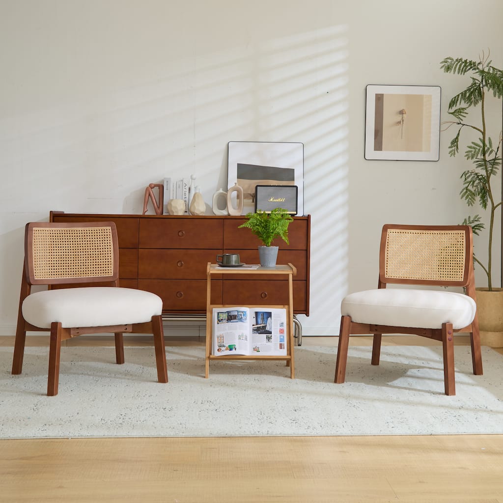 Woven Backrest Armless Accent Chair w/ Upholstered Seat, Set of 2