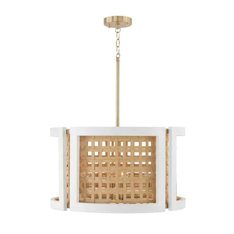 Lola 4-light Chalk Wash Drum Pendant w/ Mango Wood & Water Hyacinth