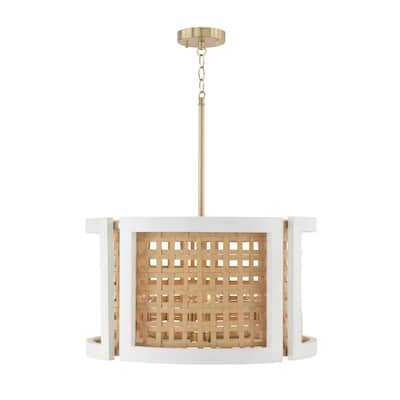 Lola 4-light Chalk Wash Drum Pendant w/ Mango Wood & Water Hyacinth