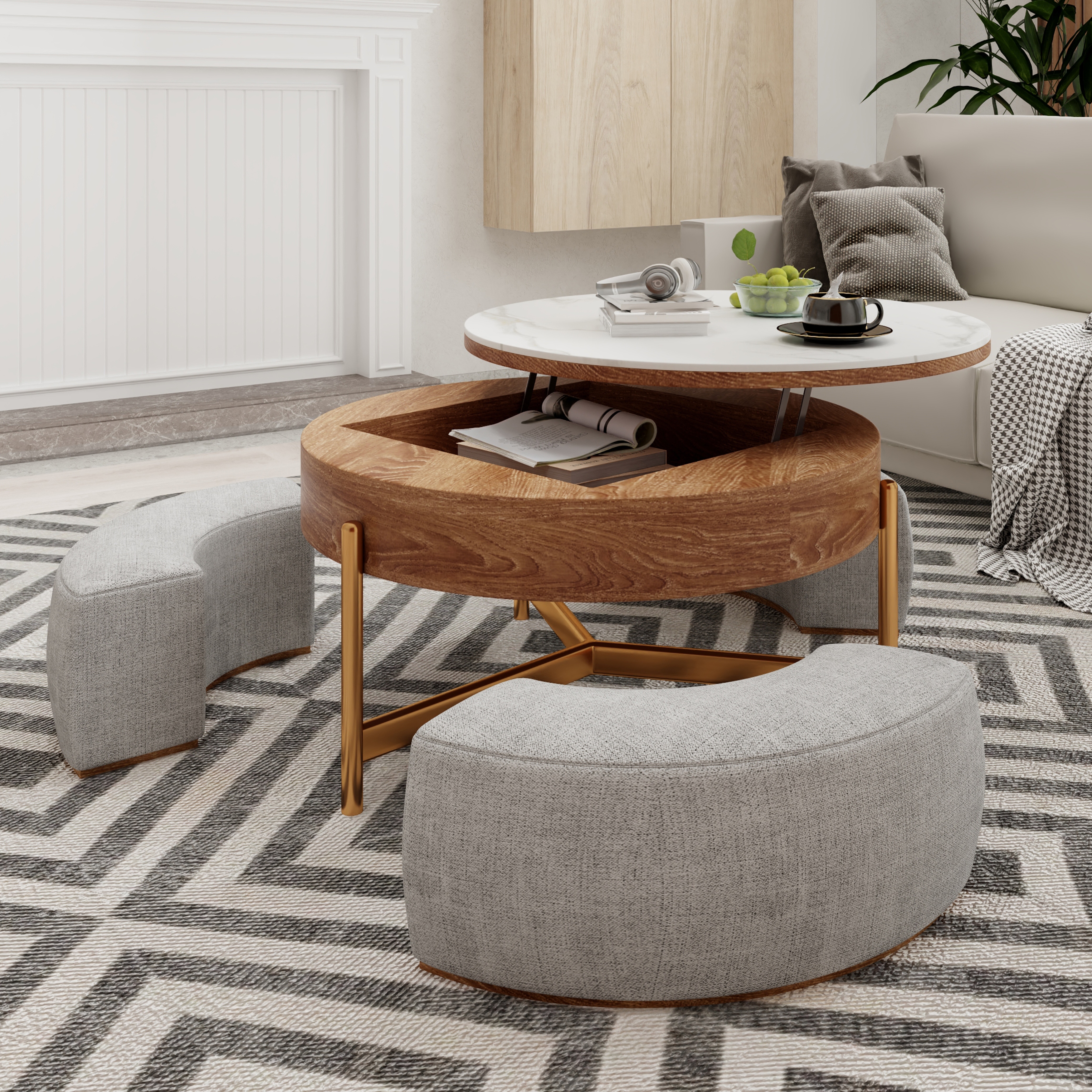 Round lift top coffee sales table with ottomans