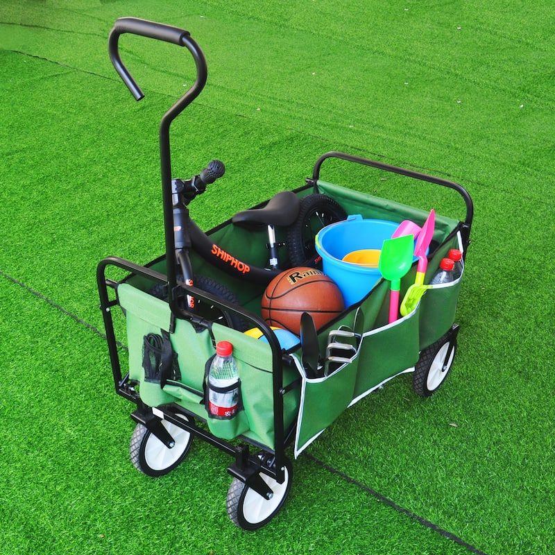 Folding Wagon Garden Shopping Beach Cart，Assembled - 40.5"L X 21.26" D X 46.46"H - Grass Green