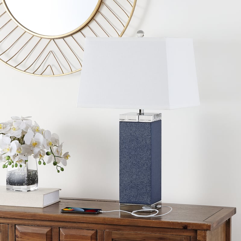 SAFAVIEH Lighting Buffy 27 Inch Navy Deco Leather Table Lamp (Set of 2)