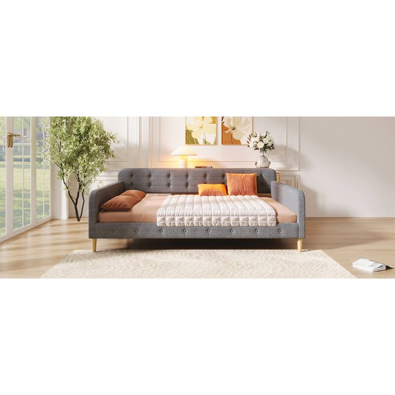 Roomfitters Queen Size Upholstered Daybed, Mid-Century Modern Sofa Bed Frame with Backrest and Tapered Wood Legs