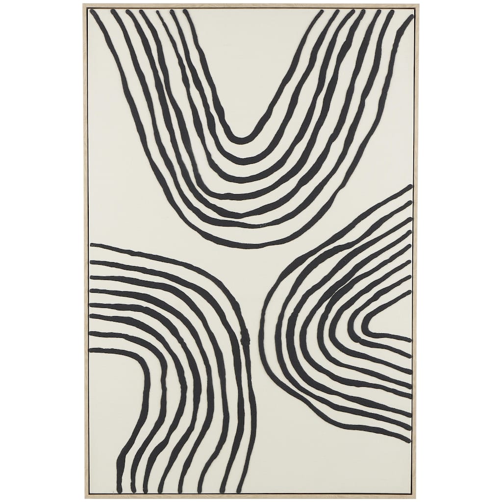 Wooden Abstract Wavy Line Living Room Framed Wall Art with Black Wooden Frame - Black - Roche River Decor