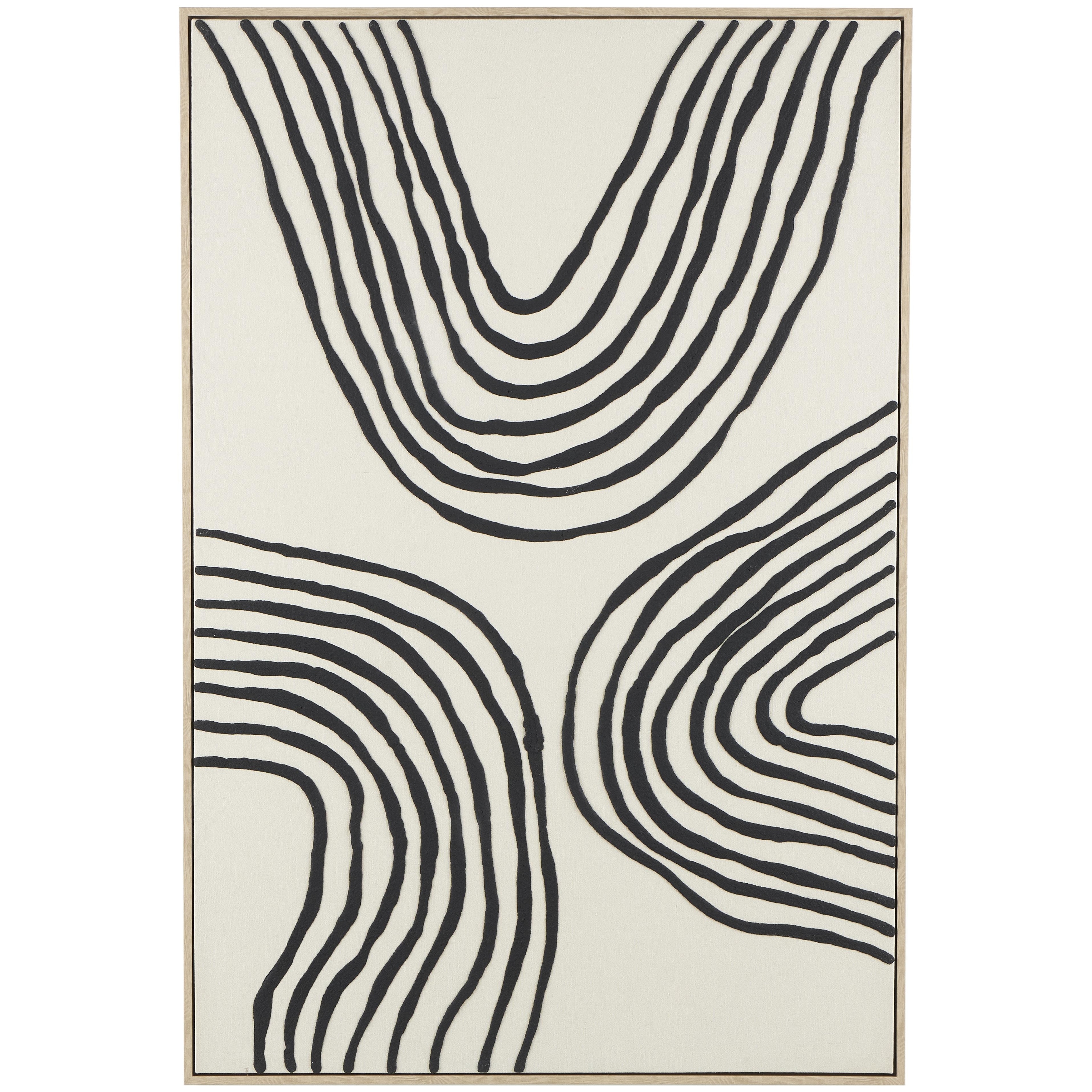 Wooden Abstract Wavy Line Living Room Framed Wall Art with Black Wooden Frame - Black - Roche River Decor