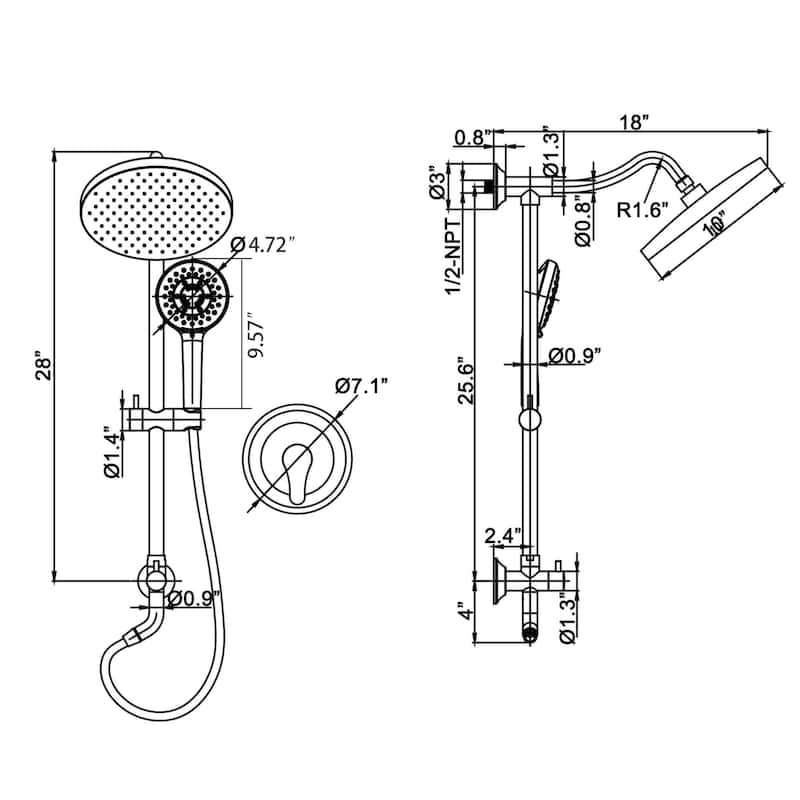 High Pressure 5-Way 10'' Rain Shower Head Black with Handheld Shower Slide Bar