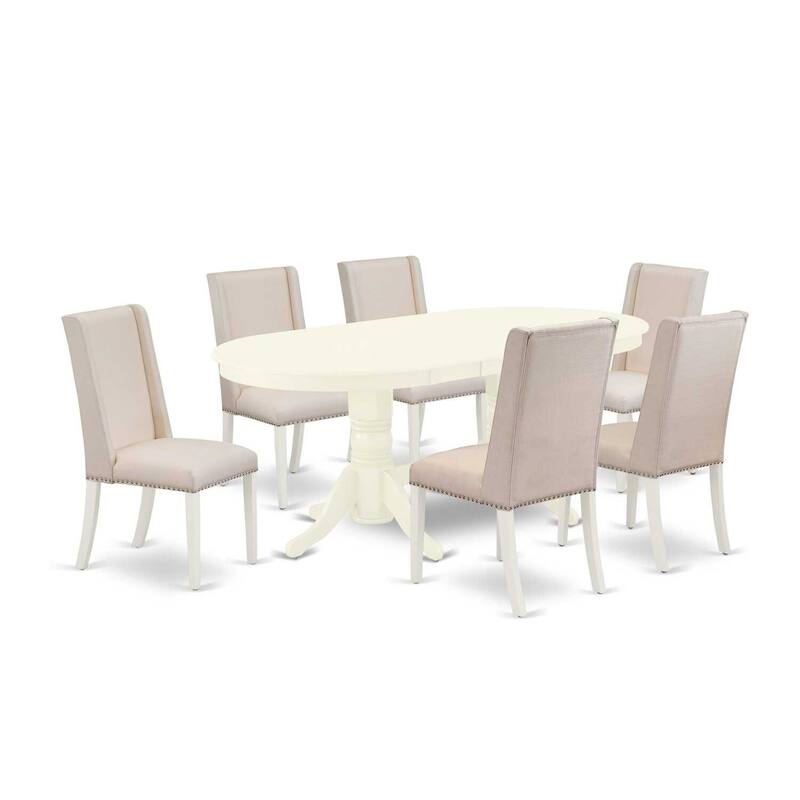 Coastal Cottage 7-Piece Dining Set - Round Table & 6 Parson Chairs - Linen White Finish - Solid Wood Kitchen Table - 76