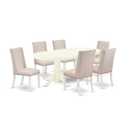 Coastal Cottage 7-Piece Dining Set - Round Table & 6 Parson Chairs - Linen White Finish - Solid Wood Kitchen Table - 76