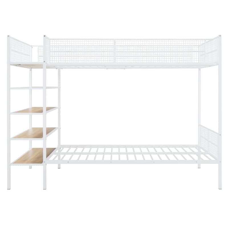 Twin Over Full Metal Bunk Bed with 5-Tier Shelves, White